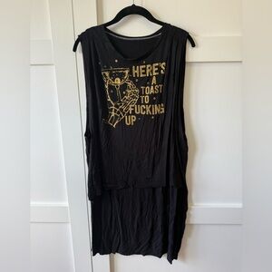Black Sleeveless Graphic Top with Gold Print